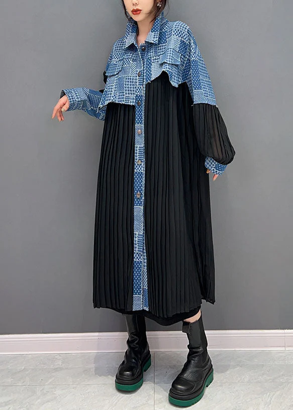 Art Black Peter Pan Collar Denim Fabric Patchwork Silk Dresses Spring - Image 3