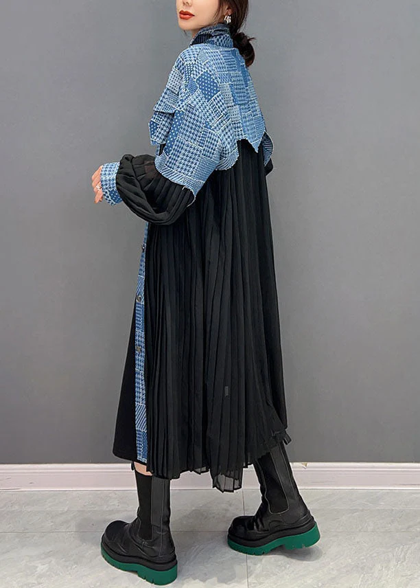 Art Black Peter Pan Collar Denim Fabric Patchwork Silk Dresses Spring - Image 4