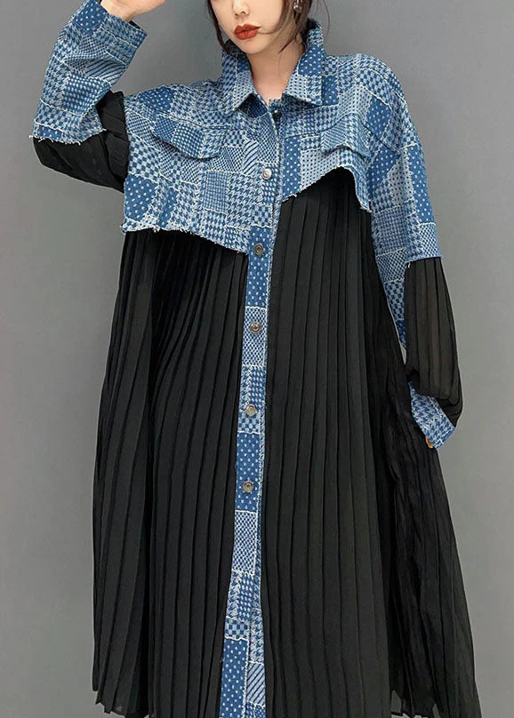 Art Black Peter Pan Collar Denim Fabric Patchwork Silk Dresses Spring - Image 5