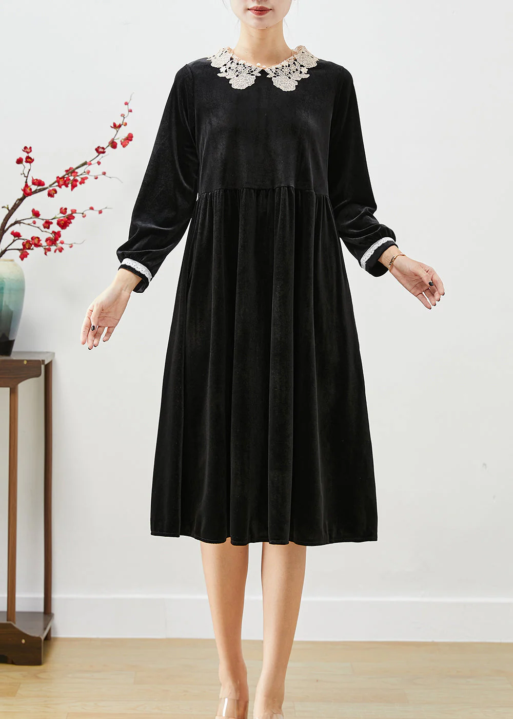 Art Black Peter Pan Collar Lace Patchwork Silk Velour Dress Fall - Image 2