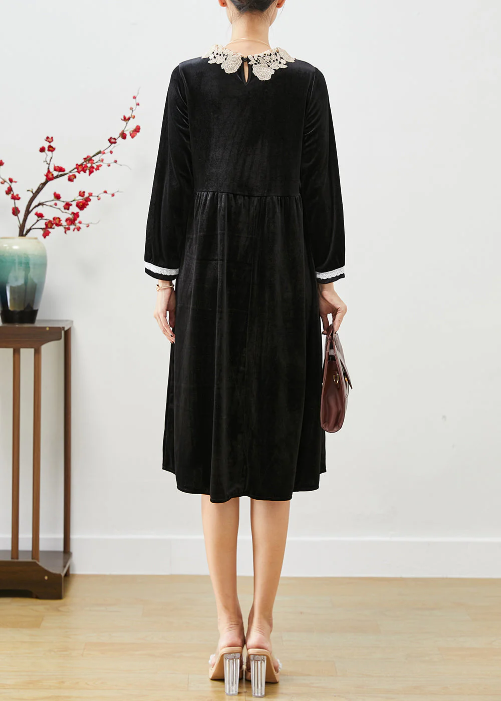 Art Black Peter Pan Collar Lace Patchwork Silk Velour Dress Fall - Image 4
