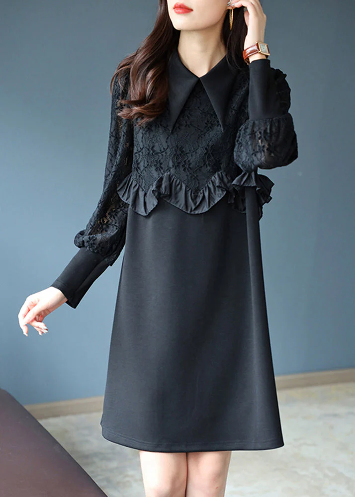 Art Black Peter Pan Collar Ruffled Lace Patchwork Mid Dress Top Fall - Image 2