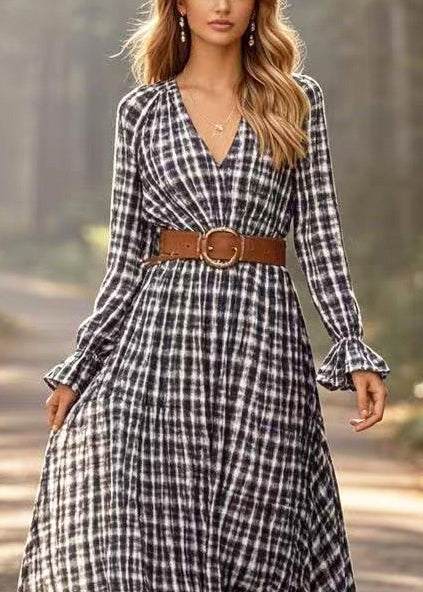 Art Black Plaid Exra Large Hem Cotton Tunic Dress Spring - Image 2