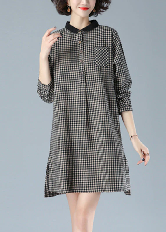 Art Black Plaid Peter Pan Collar Button Cotton Mid Dress Fall - Image 2