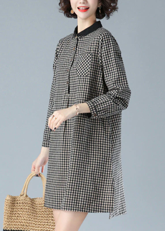 Art Black Plaid Peter Pan Collar Button Cotton Mid Dress Fall - Image 3