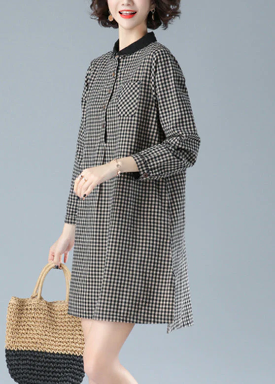 Art Black Plaid Peter Pan Collar Button Cotton Mid Dress Fall - Image 4