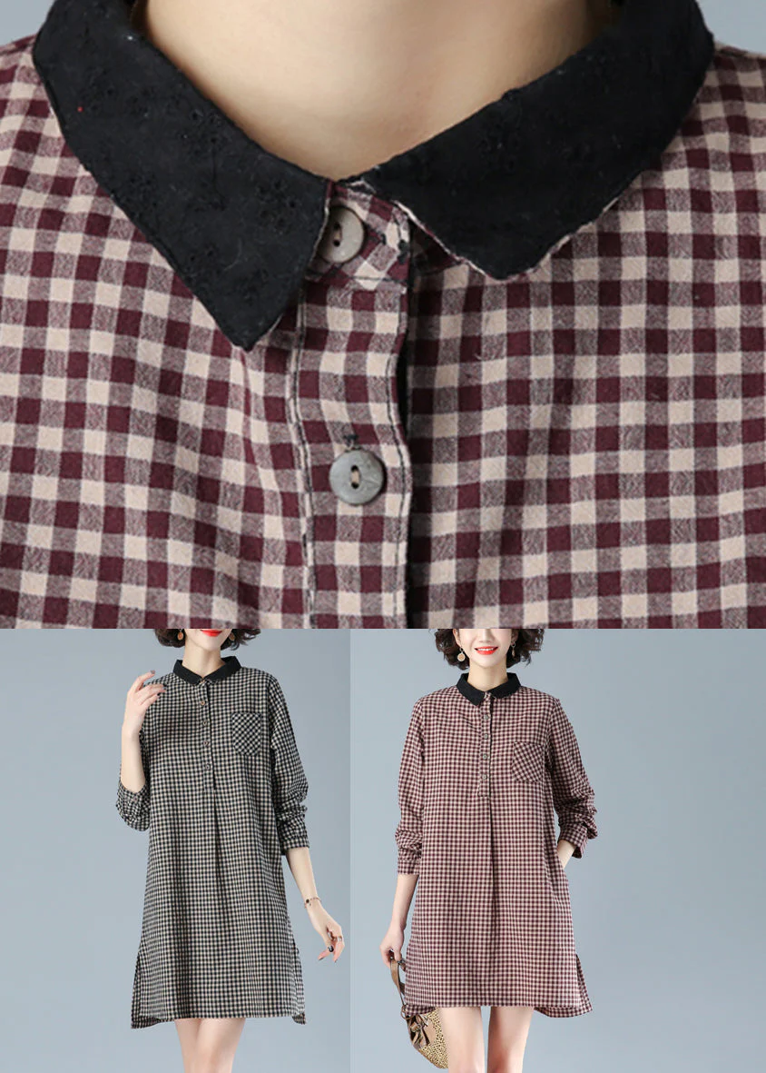 Art Black Plaid Peter Pan Collar Button Cotton Mid Dress Fall - Image 5