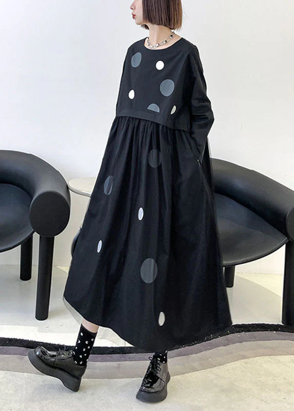 Art Black Pockets Patchwork Tulle Print Fall Vacation Dresses Long sleeve - Image 2