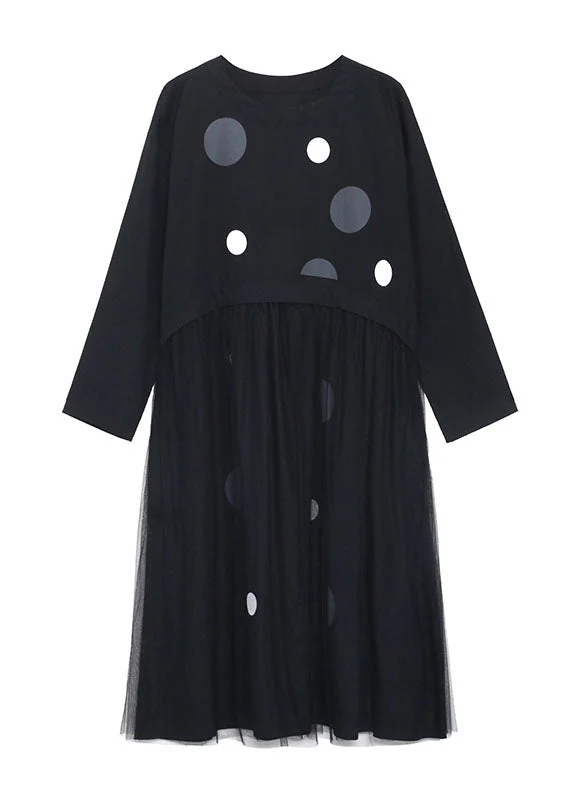 Art Black Pockets Patchwork Tulle Print Fall Vacation Dresses Long sleeve - Image 5