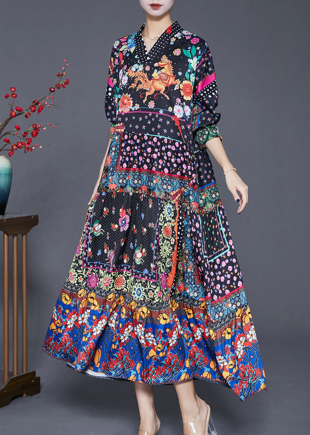 Art Black Print Exra Large Hem Cotton Dress Fall - Image 3
