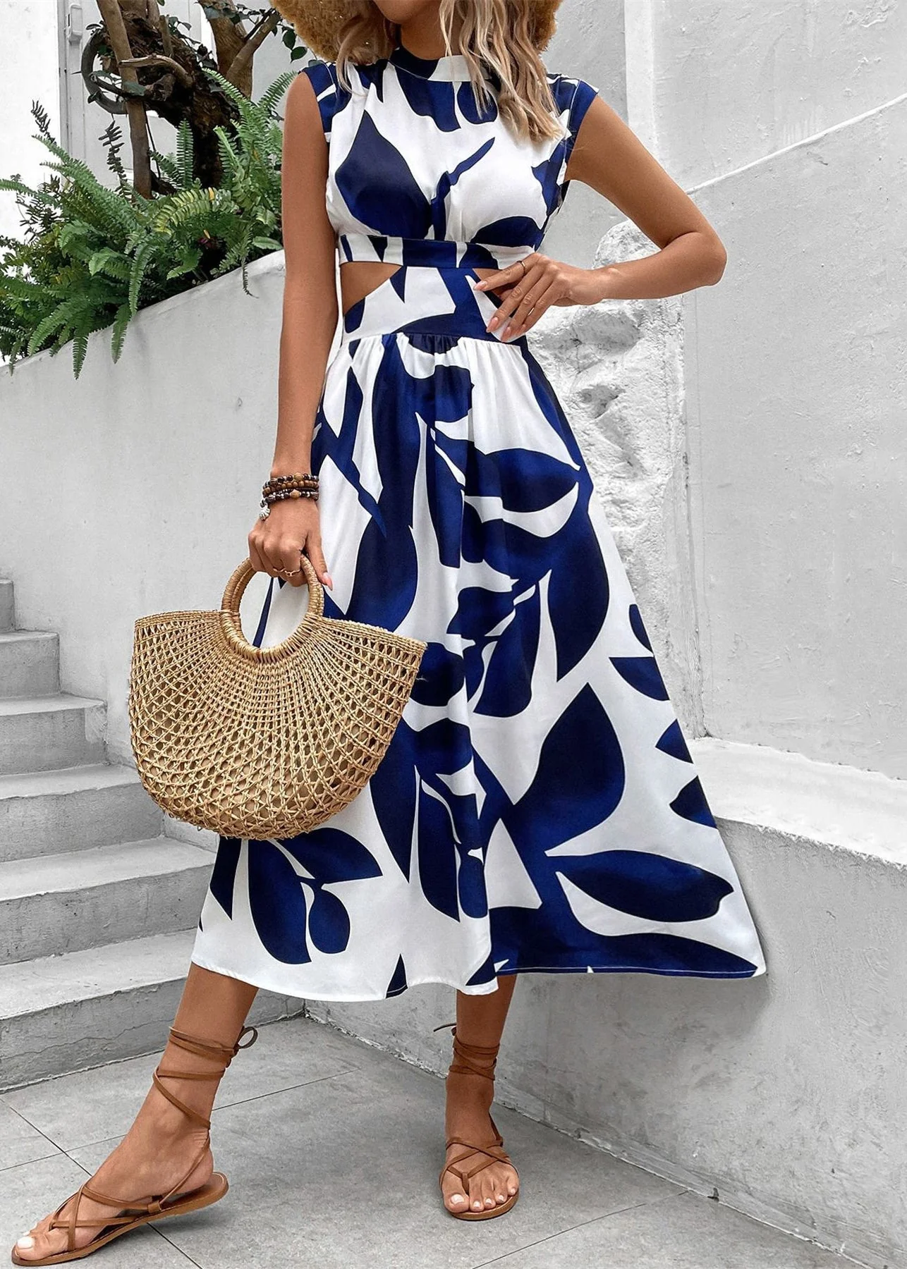 Art Black Print Hollow Out Cotton Long Dress Sleeveless - Image 2