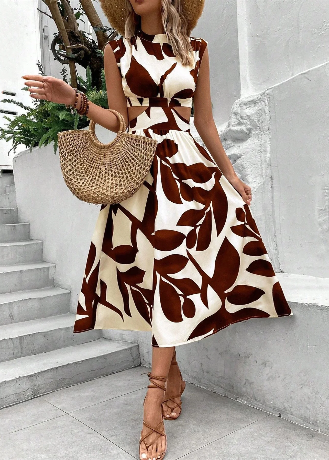 Art Black Print Hollow Out Cotton Long Dress Sleeveless - Image 3