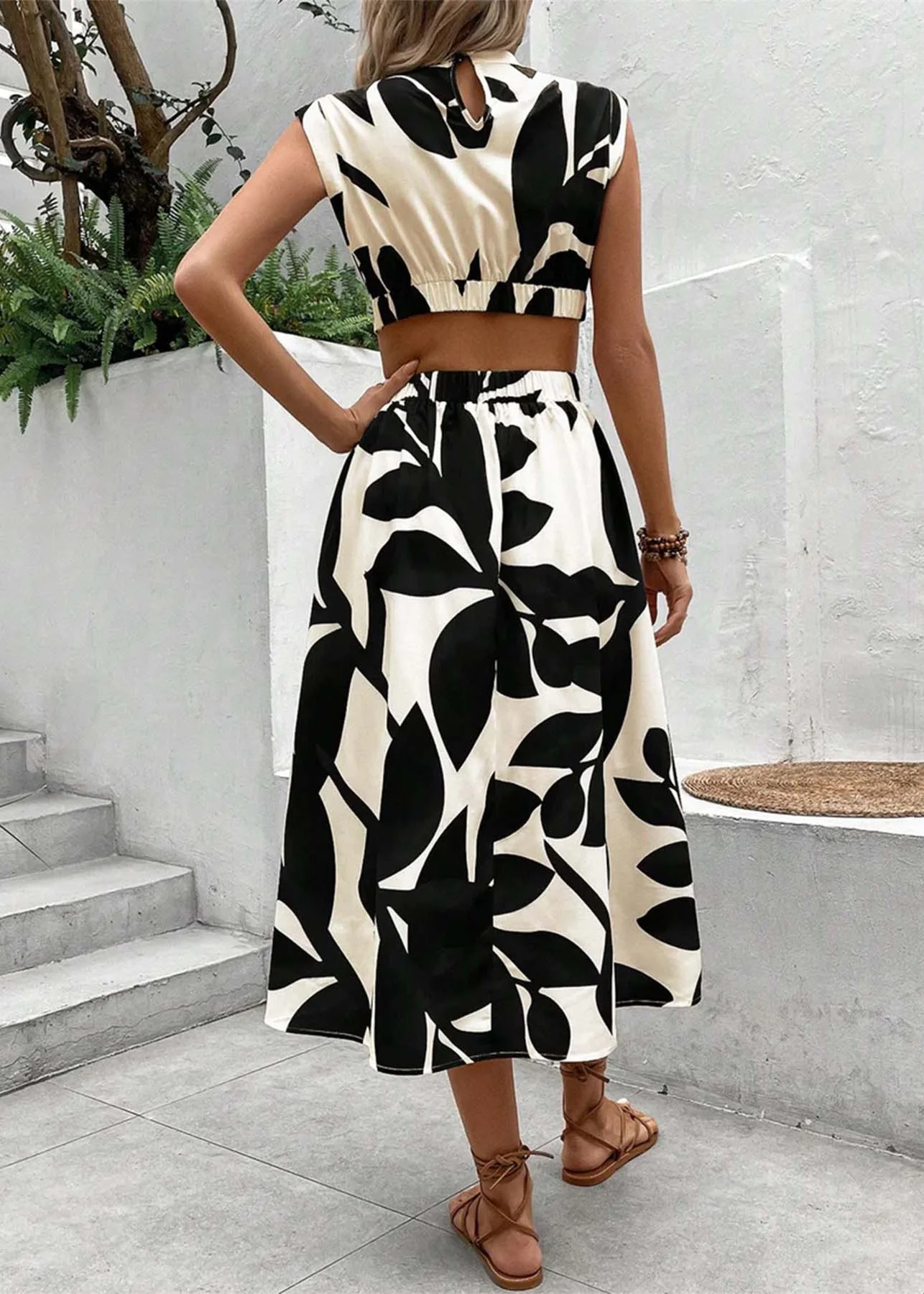Art Black Print Hollow Out Cotton Long Dress Sleeveless - Image 5