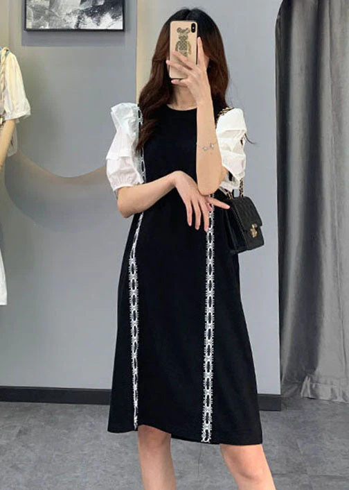 Art Black Puff Sleeve Patchwork Cotton Dresses - Image 2