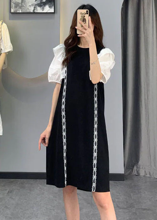 Art Black Puff Sleeve Patchwork Cotton Dresses - Image 3
