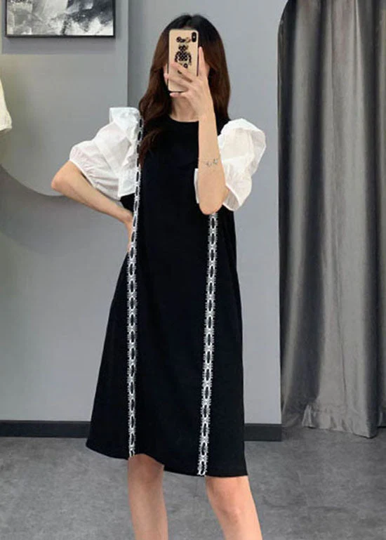 Art Black Puff Sleeve Patchwork Cotton Dresses - Image 4
