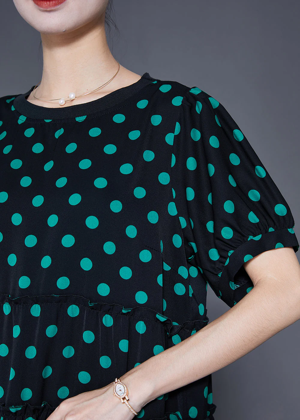 Art Black Ruffled Patchwork Circle Print Chiffon Holiday Dresses Summer - Image 5