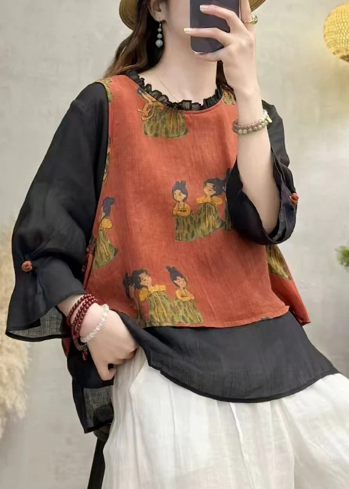 Art Black Ruffled Patchwork Linen Fake Two Piece Top Summer - Image 2