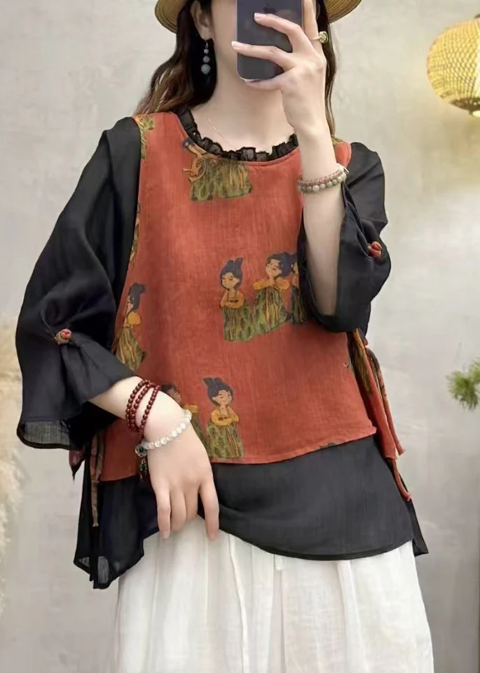 Art Black Ruffled Patchwork Linen Fake Two Piece Top Summer - Image 3
