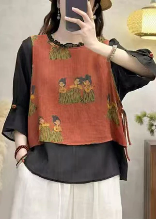 Art Black Ruffled Patchwork Linen Fake Two Piece Top Summer - Image 4