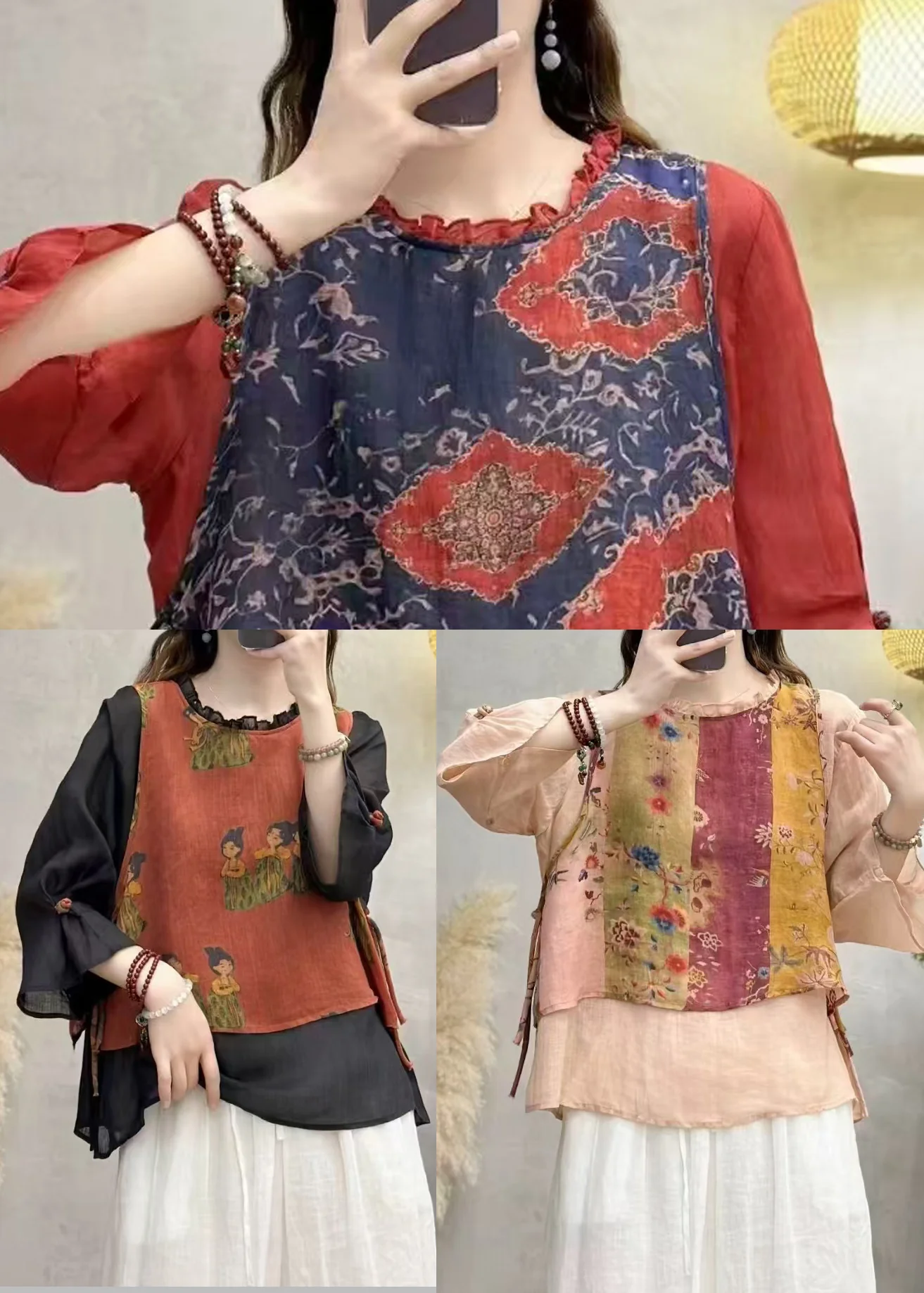 Art Black Ruffled Patchwork Linen Fake Two Piece Top Summer - Image 5
