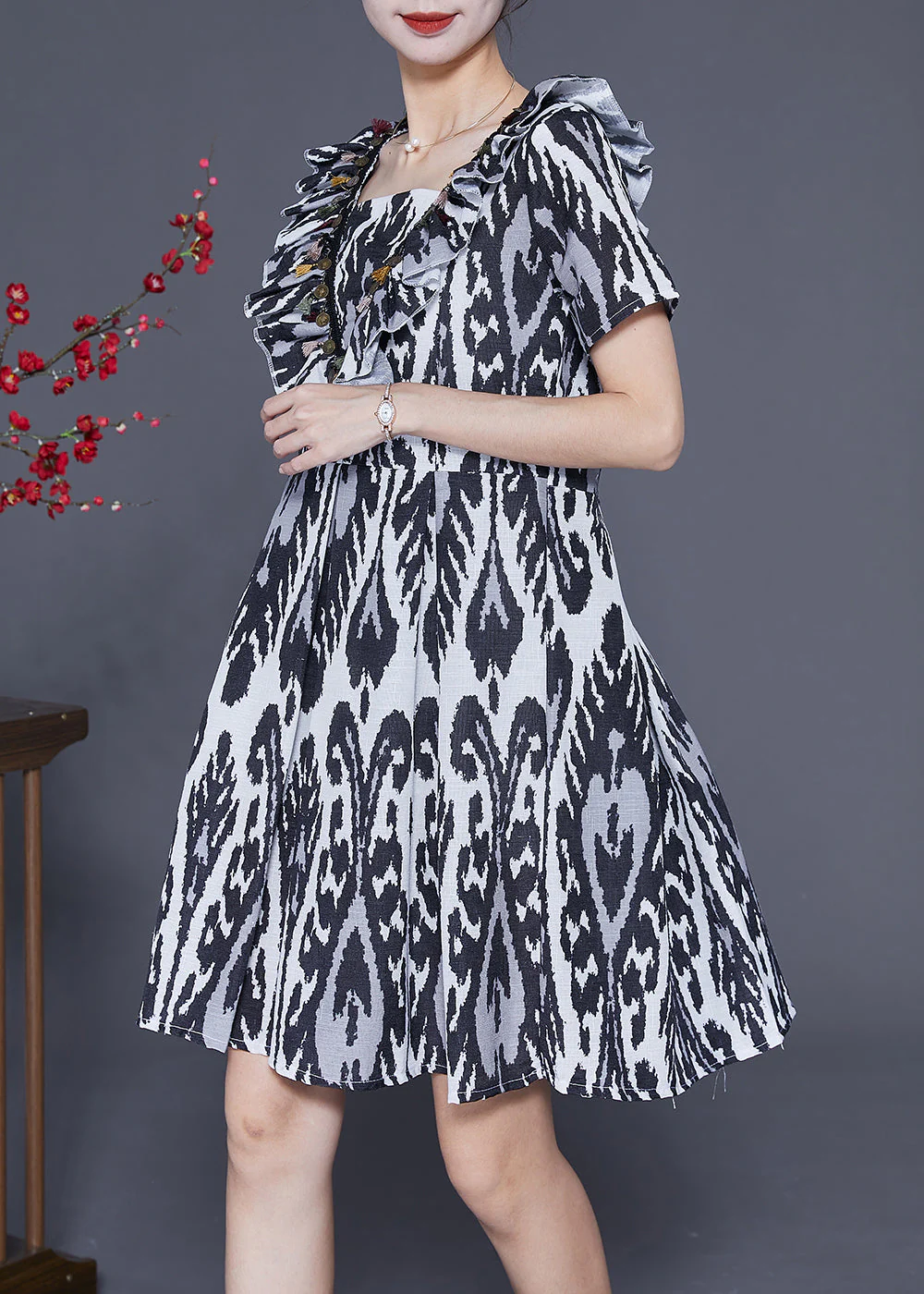 Art Black Ruffled Patchwork Print Linen Dress Summer - Image 3