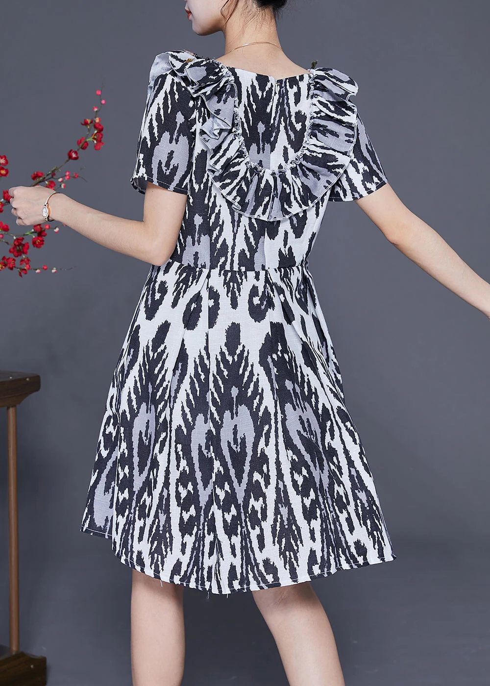 Art Black Ruffled Patchwork Print Linen Dress Summer - Image 4