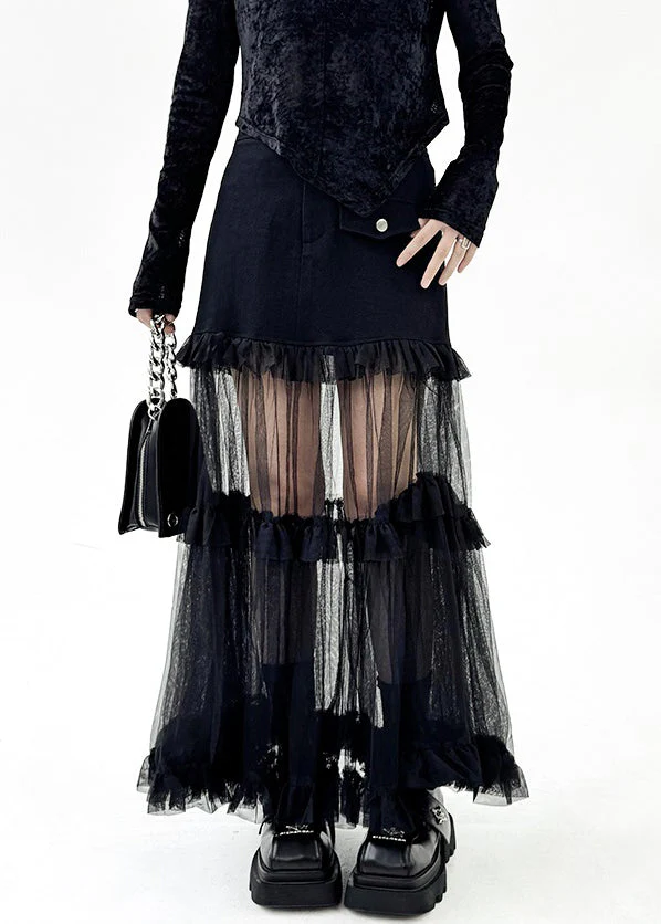 Art Black Ruffled Tulle Patchwork Skirt Summer - Image 2