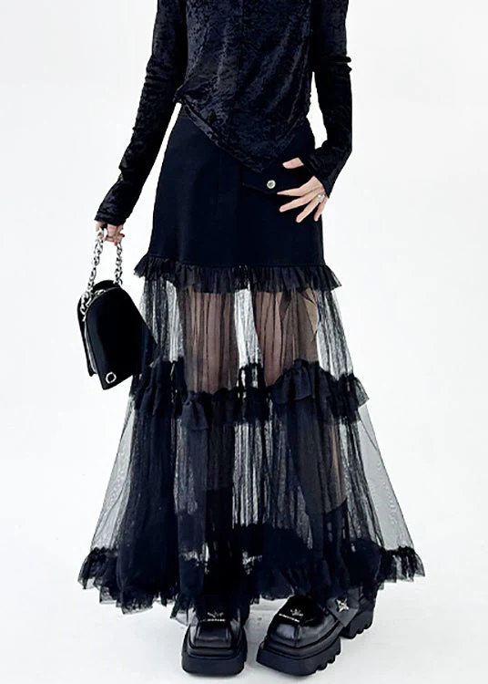 Art Black Ruffled Tulle Patchwork Skirt Summer - Image 3