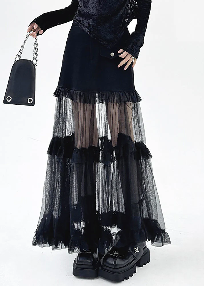 Art Black Ruffled Tulle Patchwork Skirt Summer - Image 4
