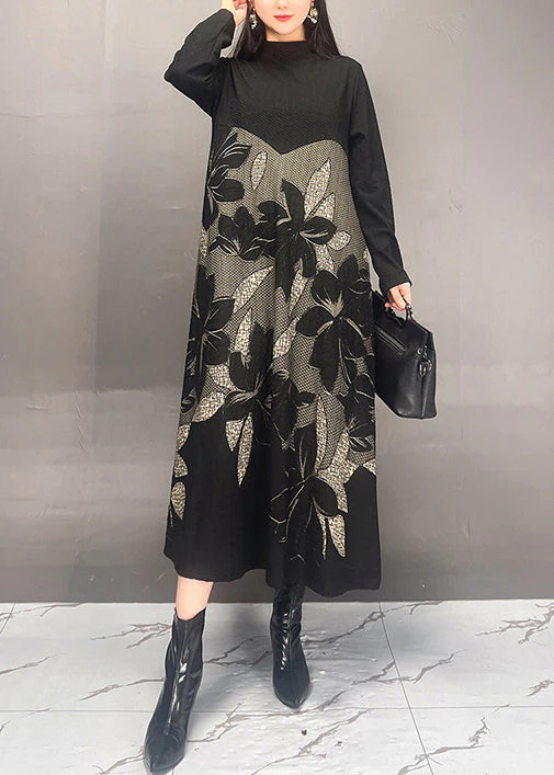 Art Black Stand Collar Print Patchwork Cotton Dresses Fall - Image 3