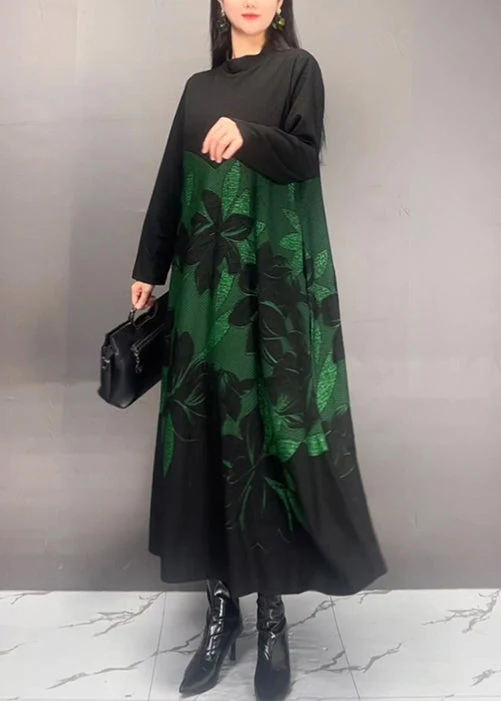 Art Black Stand Collar Print Patchwork Cotton Dresses Fall - Image 4