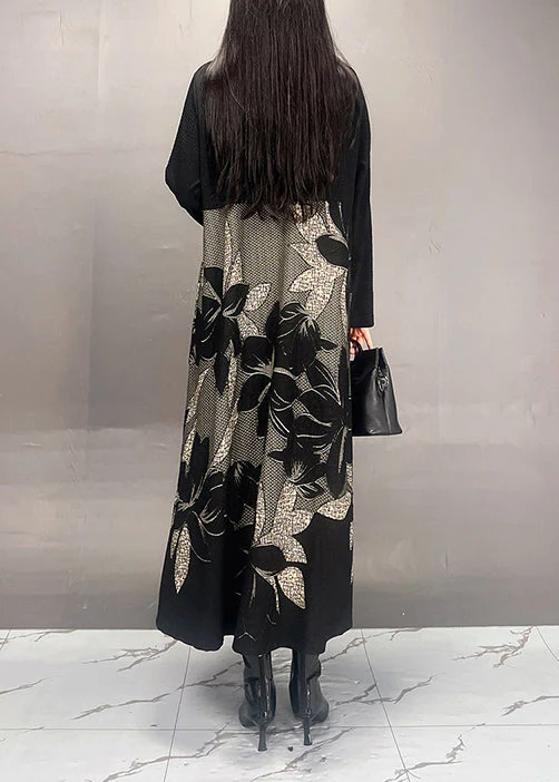 Art Black Stand Collar Print Patchwork Cotton Dresses Fall - Image 5
