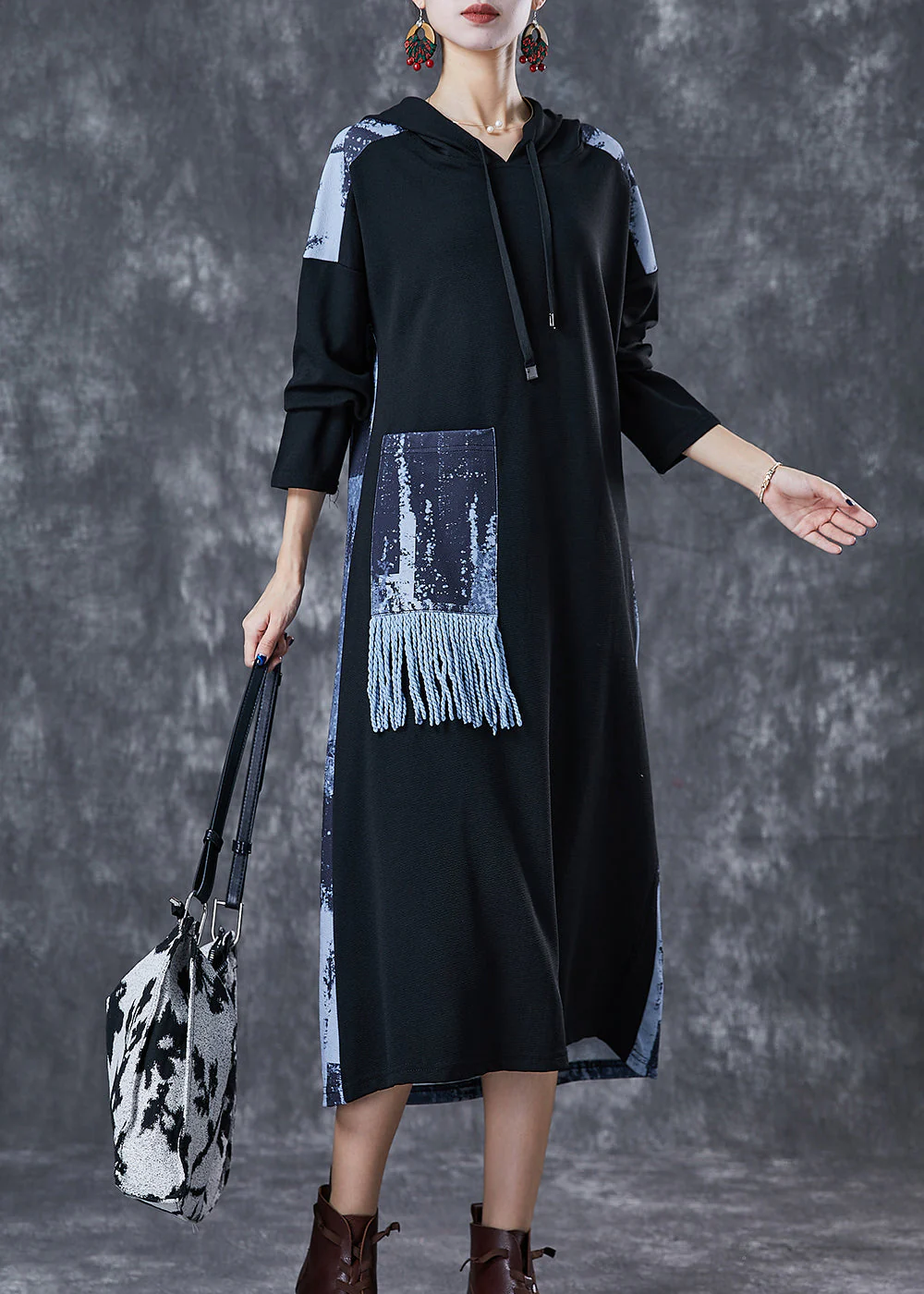 Art Black Tasseled Patchwork Tie Dye Cotton Loose Sweatshirt Dress Fall - Image 3