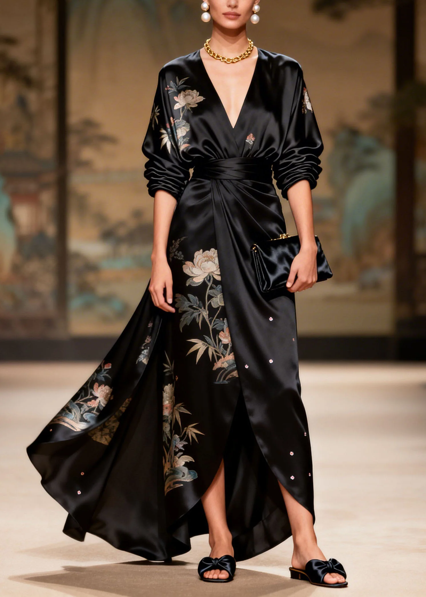 Art Black V Neck Asymmetrical Design Print Sequins Silk Dresses Summer - Image 3