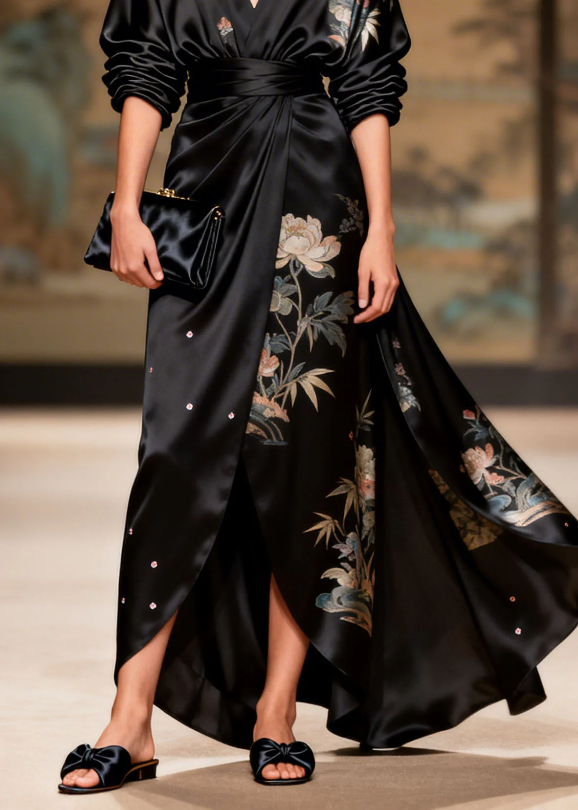 Art Black V Neck Asymmetrical Design Print Sequins Silk Dresses Summer - Image 4