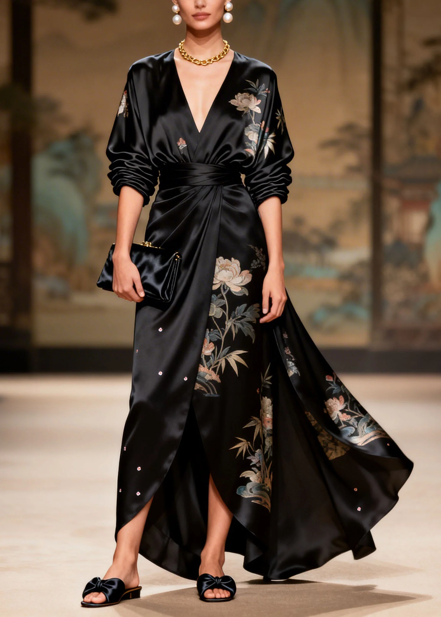 Art Black V Neck Asymmetrical Design Print Sequins Silk Dresses Summer - Image 5