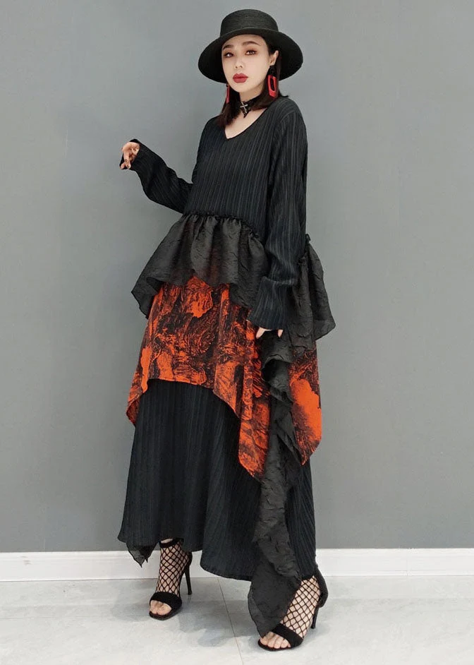 Art Black V Neck Asymmetrical Patchwork Ruffles Dresses Long Sleeve - Image 2