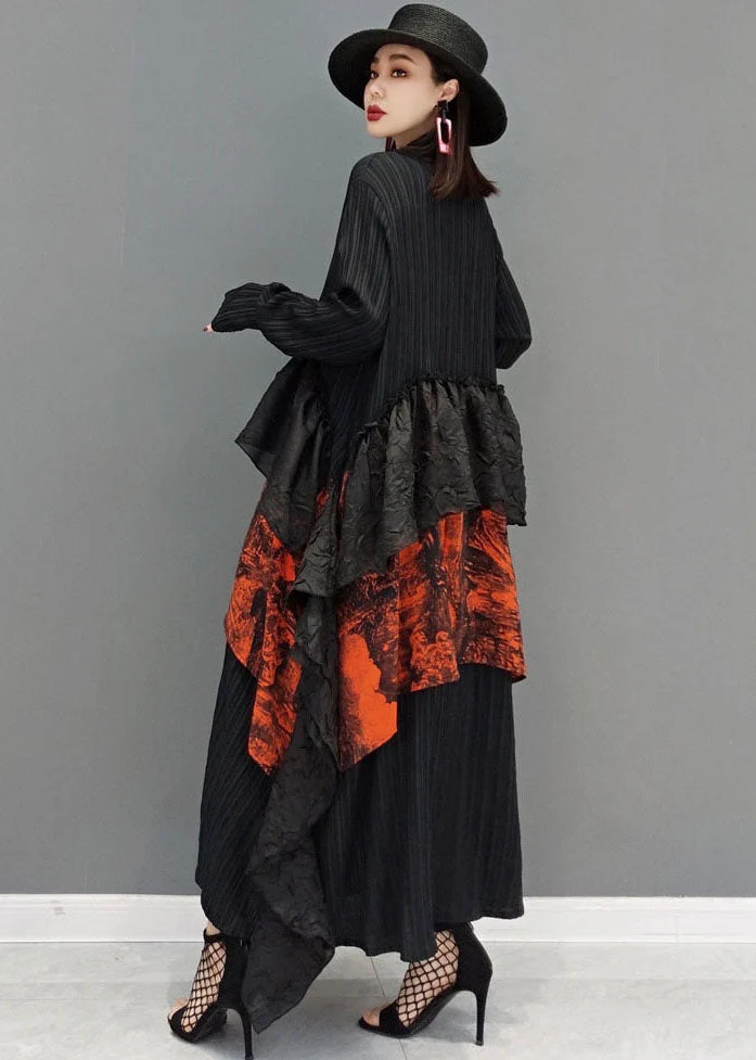 Art Black V Neck Asymmetrical Patchwork Ruffles Dresses Long Sleeve - Image 3