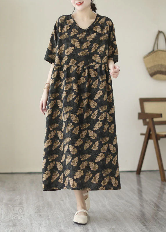 Art Black V Neck Print Wrinkled Patchwork Cotton Dress Summer - Image 2