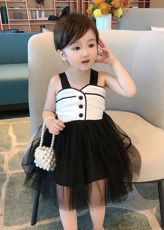 Art Black Wrinkled Patchwork Tulle Kids Girls Dress Sleeveless - Image 2