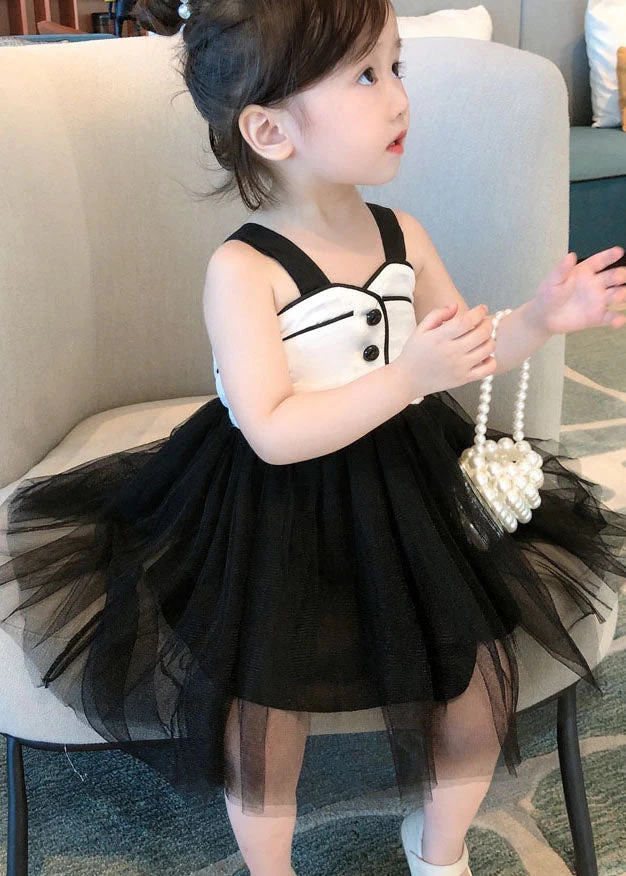Art Black Wrinkled Patchwork Tulle Kids Girls Dress Sleeveless - Image 3