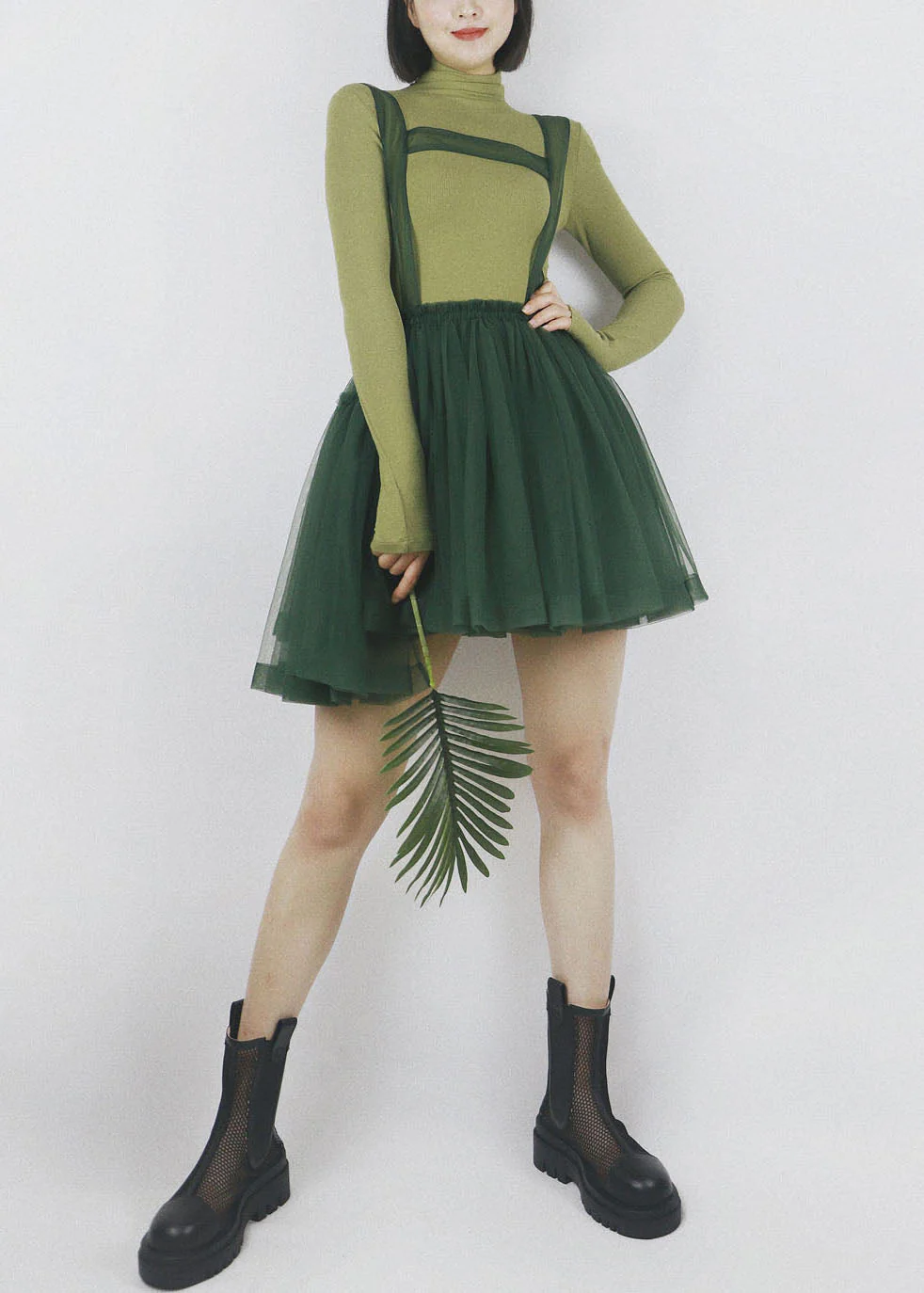 Art Blackish Green Asymmetrical Design Tulle Spaghetti Strap Dress Summer - Image 2