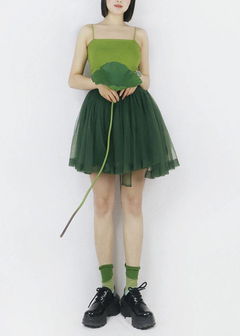 Art Blackish Green Asymmetrical Design Tulle Spaghetti Strap Dress Summer - Image 3