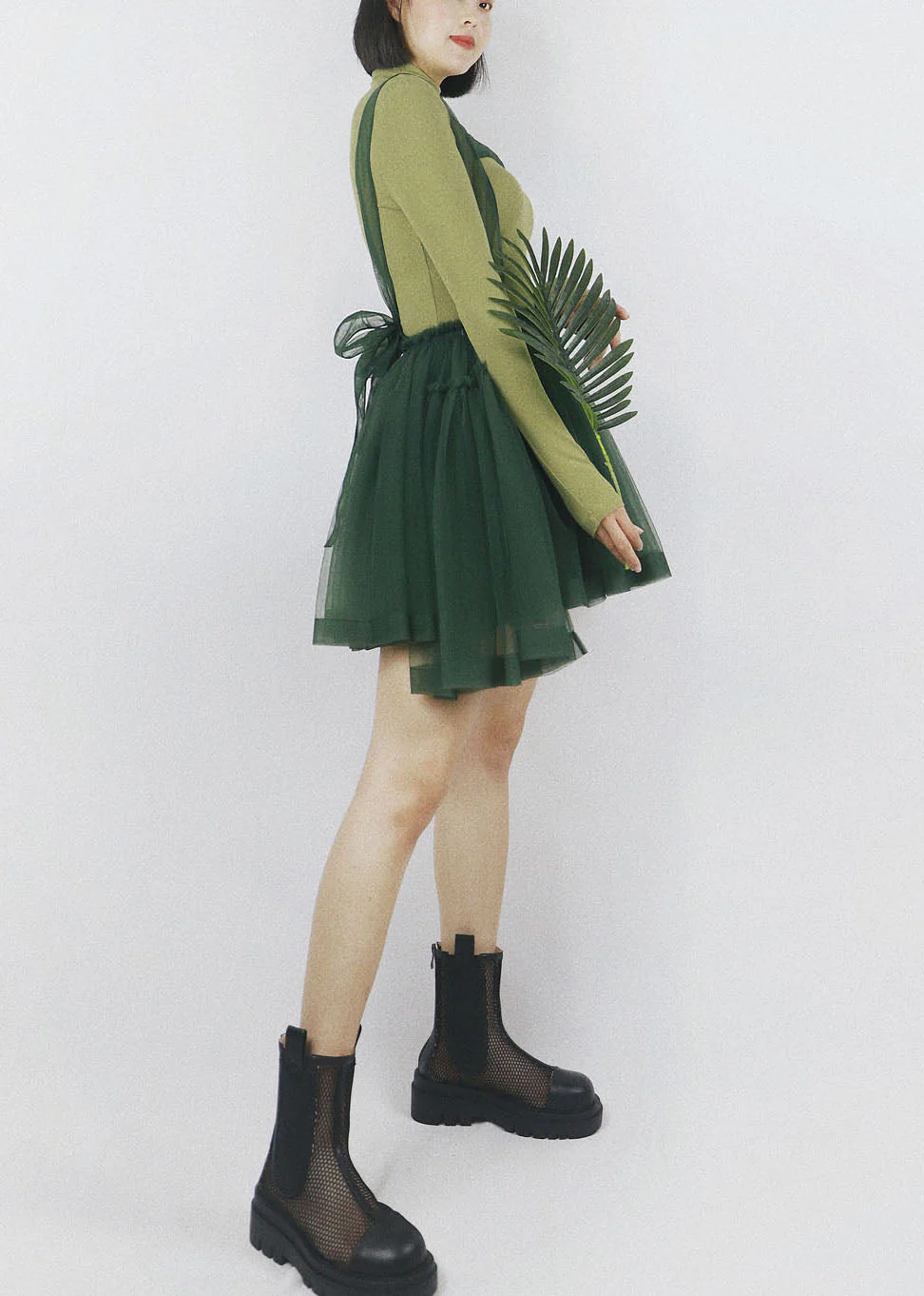 Art Blackish Green Asymmetrical Design Tulle Spaghetti Strap Dress Summer - Image 4