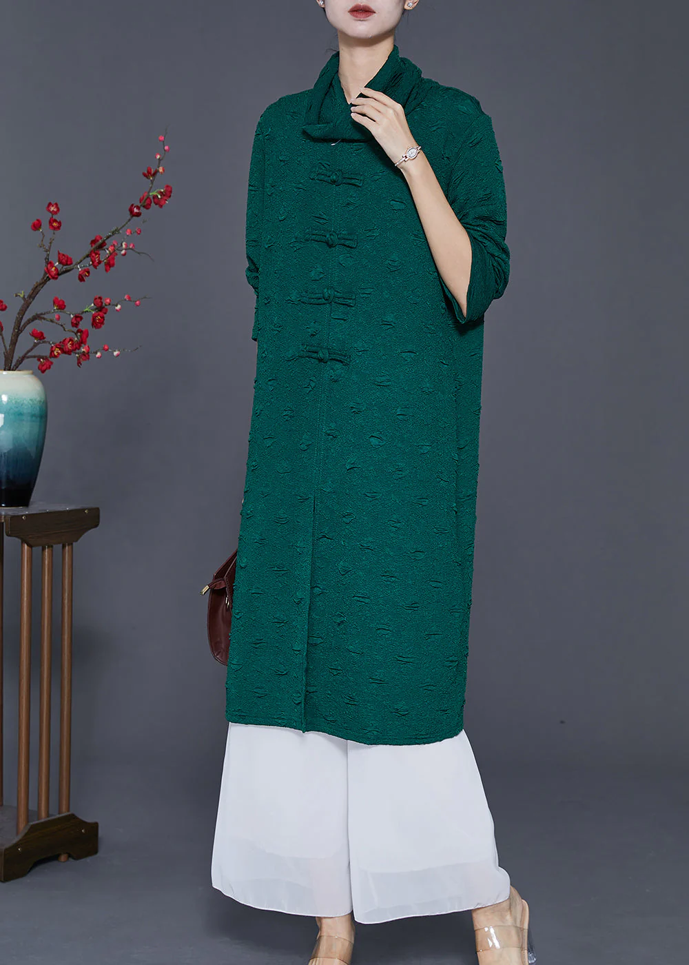 Art Blackish Green Turtle Neck Jacquard Chinese Button Dresses Spring - Image 2