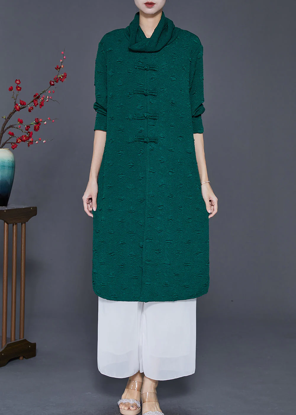 Art Blackish Green Turtle Neck Jacquard Chinese Button Dresses Spring - Image 3