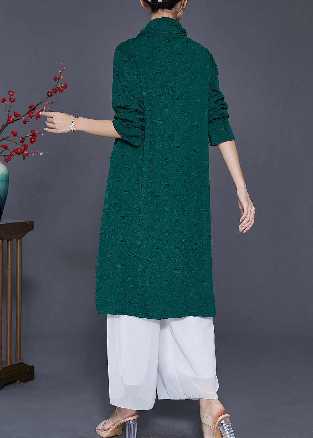 Art Blackish Green Turtle Neck Jacquard Chinese Button Dresses Spring - Image 4