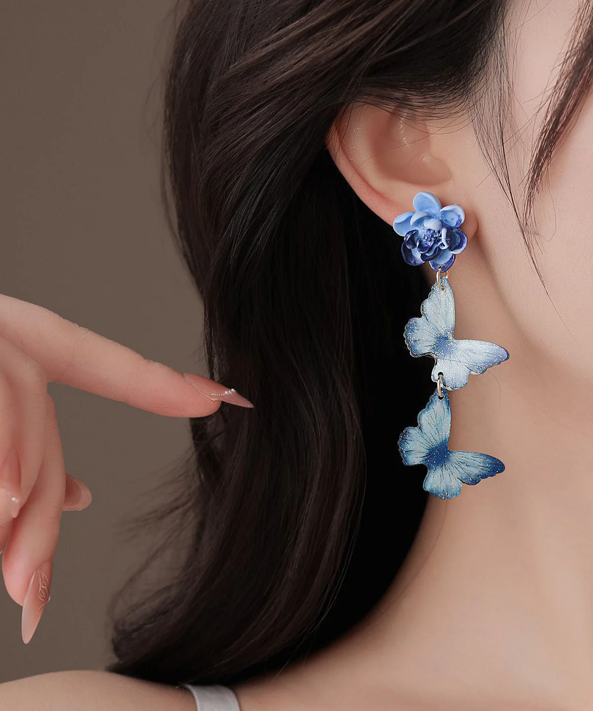 Art Blue Alloy Butterfly Floral Tassel Drop Earrings - Image 3