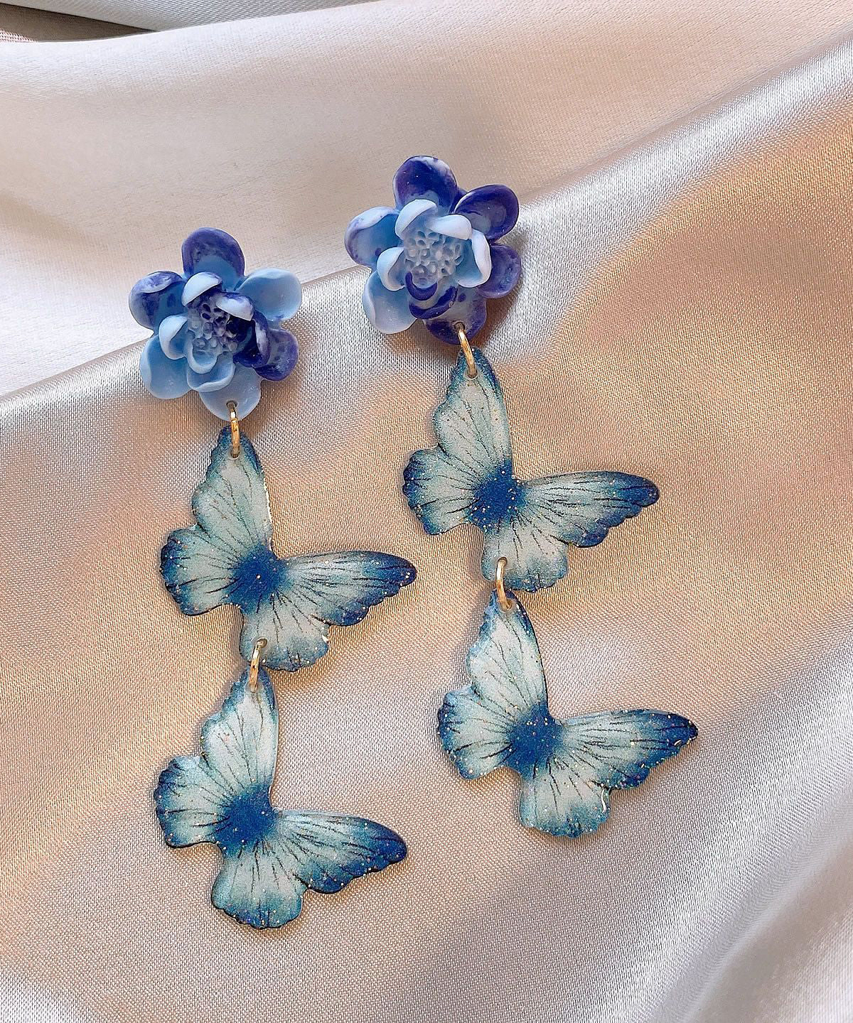 Art Blue Alloy Butterfly Floral Tassel Drop Earrings - Image 4